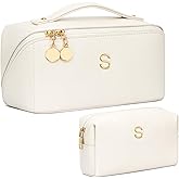 CLOUDWINGS Birthday Gifts for Women Teen Girl, Personalized Initial Makeup Organizer Bag Set, Open Flat Travel Cosmetic Bag With Clear Divider and Handle(Beige,S)