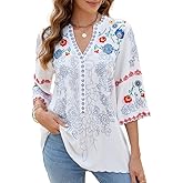 Mexican Shirts Peasant Blouses Cotton Embroidered 3/4 Sleeve Summer V Neck Tunic Bohemian Tops Boho Clothes for Women