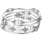 Beaded Pearl Bangle Wrap Bracelet - Fashion Bohemian Jewelry Multilayer Charm Bracelet with Thick Silver Metal Beads, Gift For Women