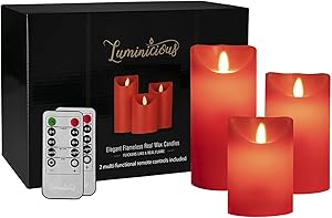 Red Flameless Candles Flickering Flame with Remote & Timer | Amazing Realistic Moving Flame | Battery Operated LED | Real Wax Set of 3 | Elegant Home Decor Gift for Women | 2 REMOTES Included
