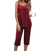 Ekouaer Capri Pajama Sets for Women 2 Piece Soft Cute Pjs Round Neck Sleeveless Lounge Set for Summer Sleepwear S-XXXL