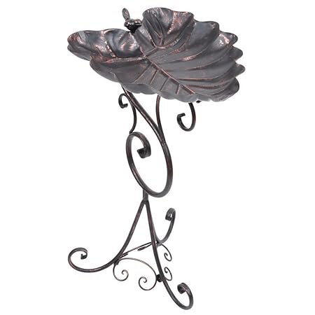 Happy Beaks Gardman Standing Metal Bird Bath Ornate Bronze Leaf Bowl Outdoor Garden Pe