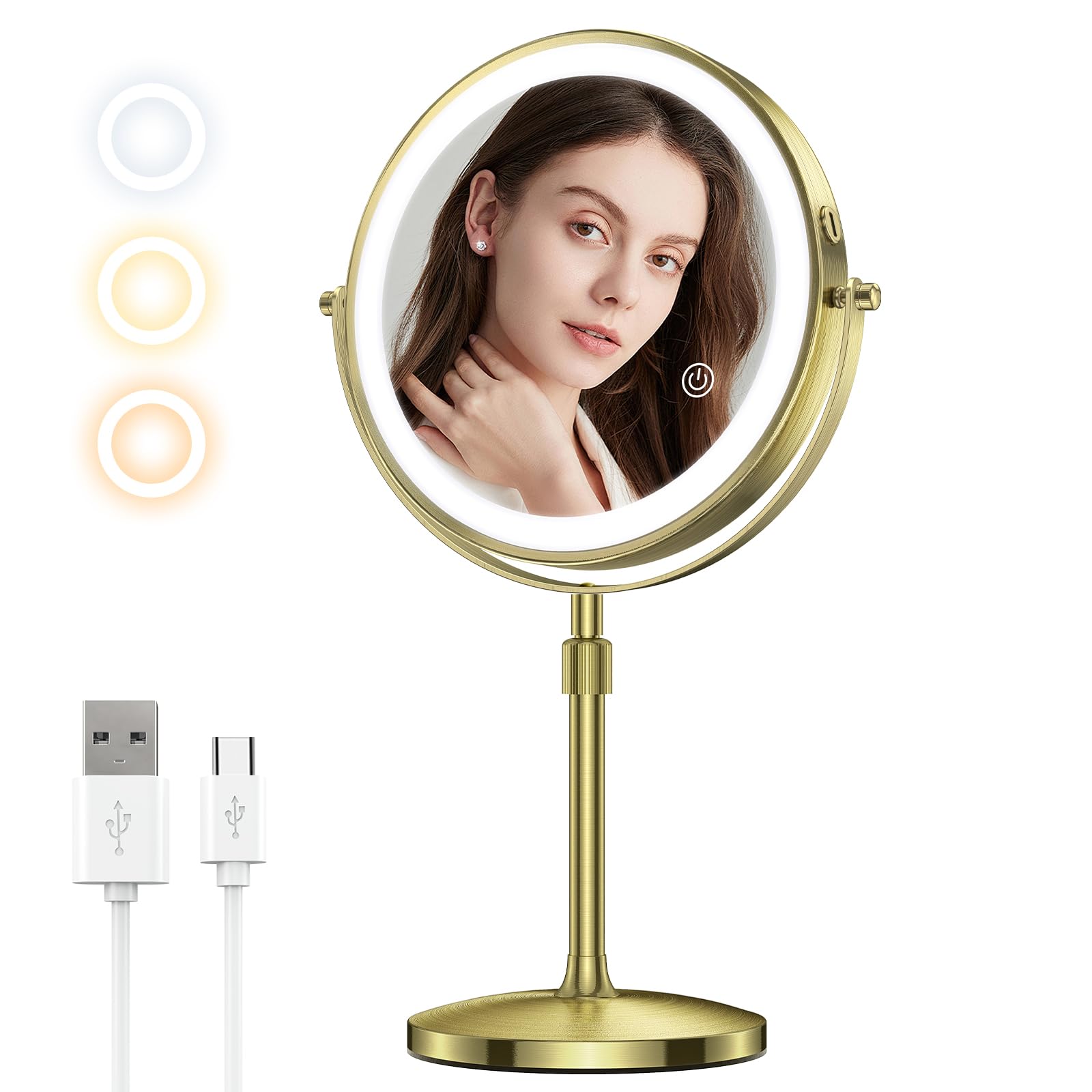 MATEPROX 8'' Makeup Vanity Mirror with Lights, Rechargeable Double Sided 1X 10X Magnifying Mirror&Height Adjustable, Lighted Makeup Mirror with 3 Color Lighting, Touch Sensor Dimming -Bronze