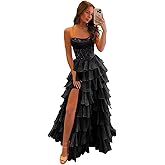 Cudiew Sequin Strapless Corset Prom Dress for Women 2026 Chiffon Tiered Maxi Formal Evening Party Dress with Slit