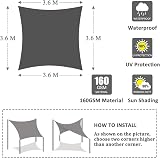 Yeahmart Sun Shade Sail Square 3.6x3.6m with Fixing Kit Grey view 7