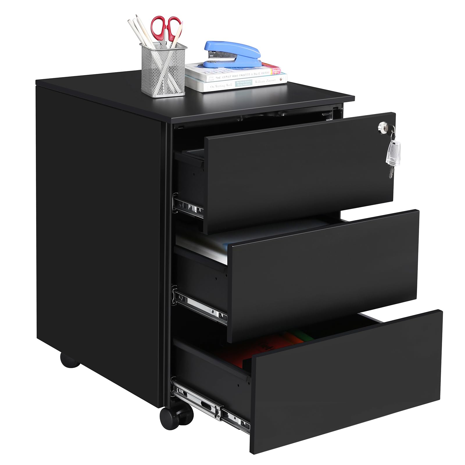 SONGMICS Mobile File Cabinet, Lockable, with 3 Drawers, Hold Documents, Stationery, Pre-Assembled, for Office, Home Office, 39 x 45 x 55 cm, Black OFC63BK