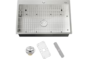 KOARDINK Stainless Steel Drop In 33x22 Inch Kitchen Sink - Modern Large Single Bowl Topmount Kitchen Sink Come With SS Grid,Silicon Mat,Drain Strainer Set Compatibility With Various Kitchen Styles