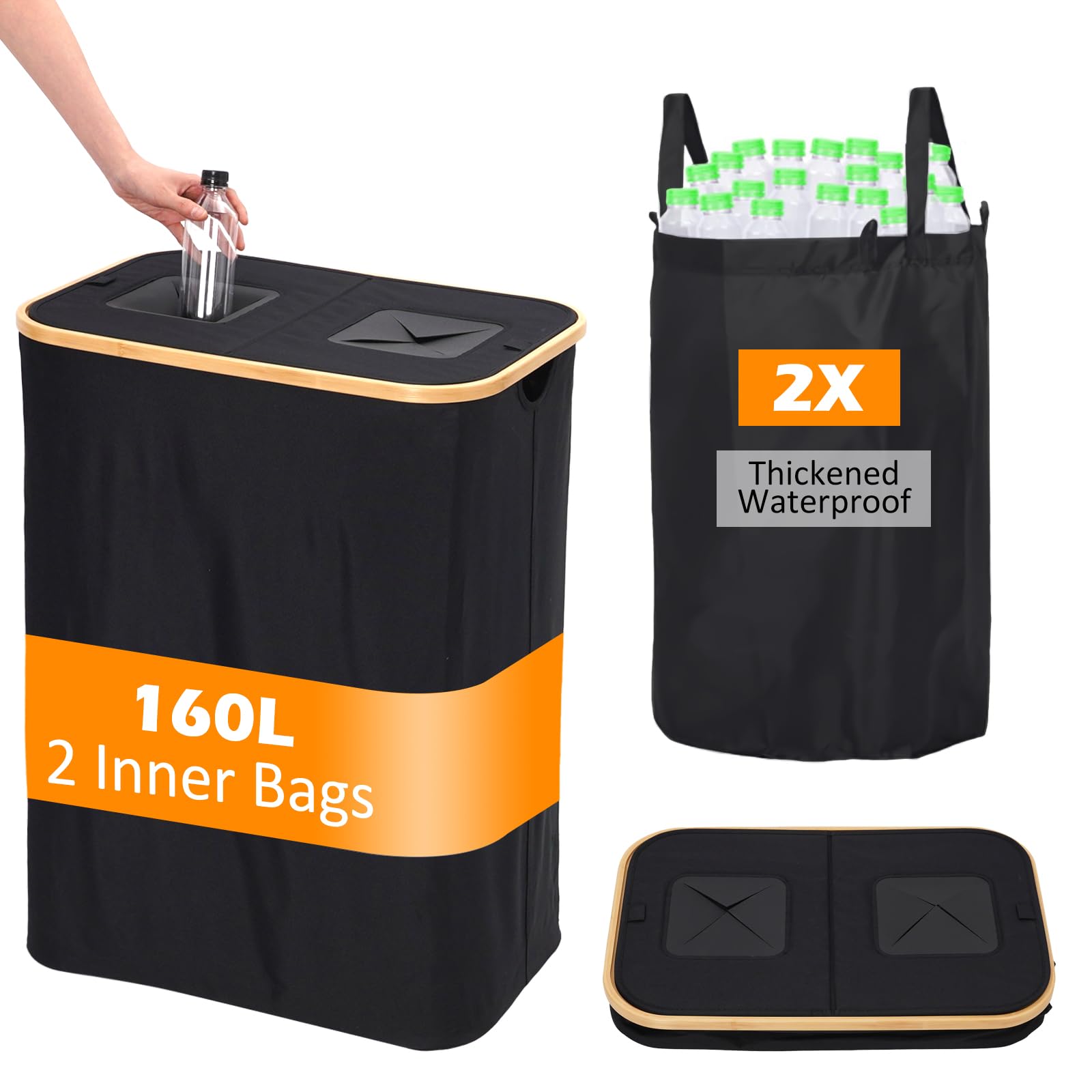 Arkyomi 160L Recycling Bin for Home Kitchen, Large Deposit Bottle Collector Bins with 2 Reusable Recycling Bags, Indoor Recycling Bin Organizer for Bottles Cans Glass Plastic Cartons