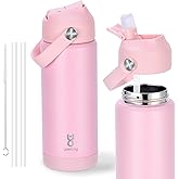 18oz Kids Insulated Water Bottle with Straw Lid & Silicone Handle,Kids Leak Proof Water Bottle for School Boys Girls,Double Wall Vacuum Stainless Steel with Non-slip Silicone Base(LightPink)