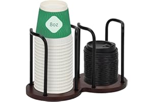 YGFRSTO Paper Cup Dispenser and Lid Organizer, Double Compartment Storage Holder for 8oz Coffee Cups, Coffee Station， Home, Office, Cafes, or Retail Space (Black Rail)