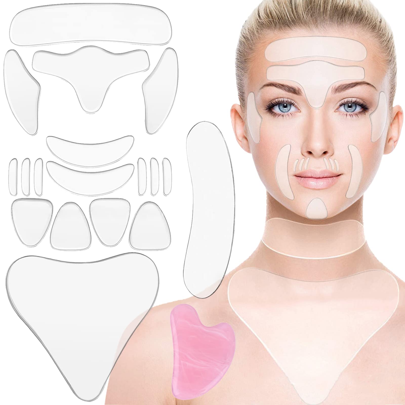 BDSHUNBF 18 Pieces Reusable Silicone Face Patches, Chest Anti Wrinkle Pads, Forehead Eye Cheek Stick, Skin Care for Face Forehead Eye Mouth Cheek Neck Chest, With Gua Sha Stone
