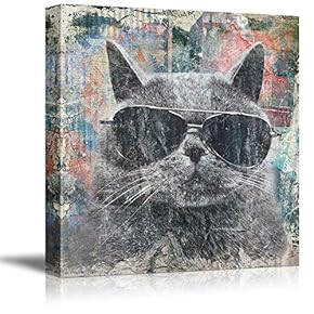 Square Cat Series Canvas Wall Art - Cool Cat with Black Sunglasses on Colorful Background - Giclee Print Gallery Wrap Modern Home Art Ready to Hang - 12x12 inches