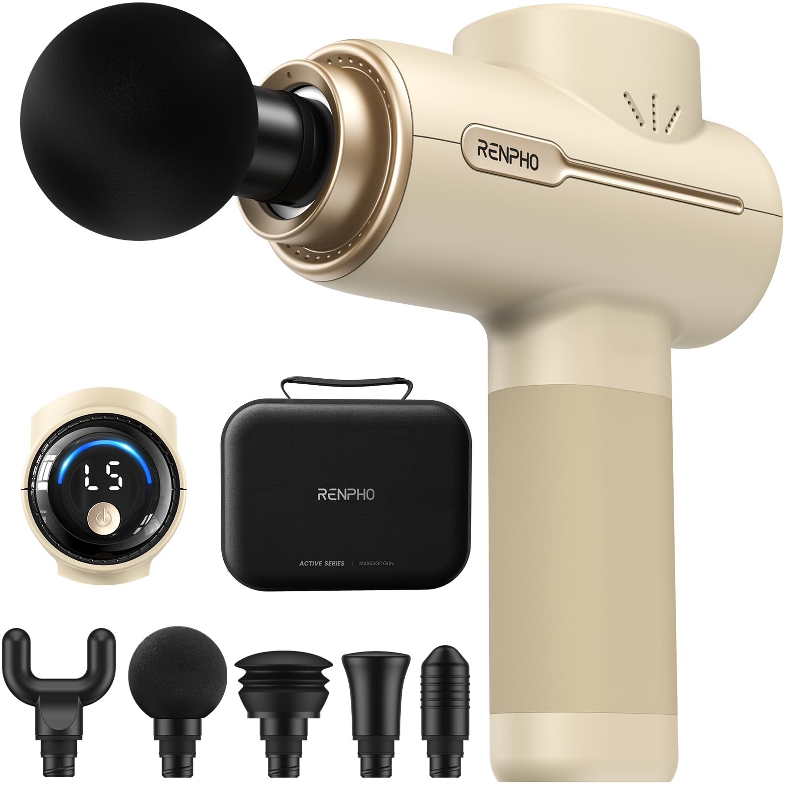 RENPHO Active Massage Gun, Mothers Day Gifts, Deep Tissue Percussion Back Massager for Neck, FSA Approved, Portable Handheld Massager with 5 Speeds, HSA, 5 Attachments, Carry Case, Beige Image