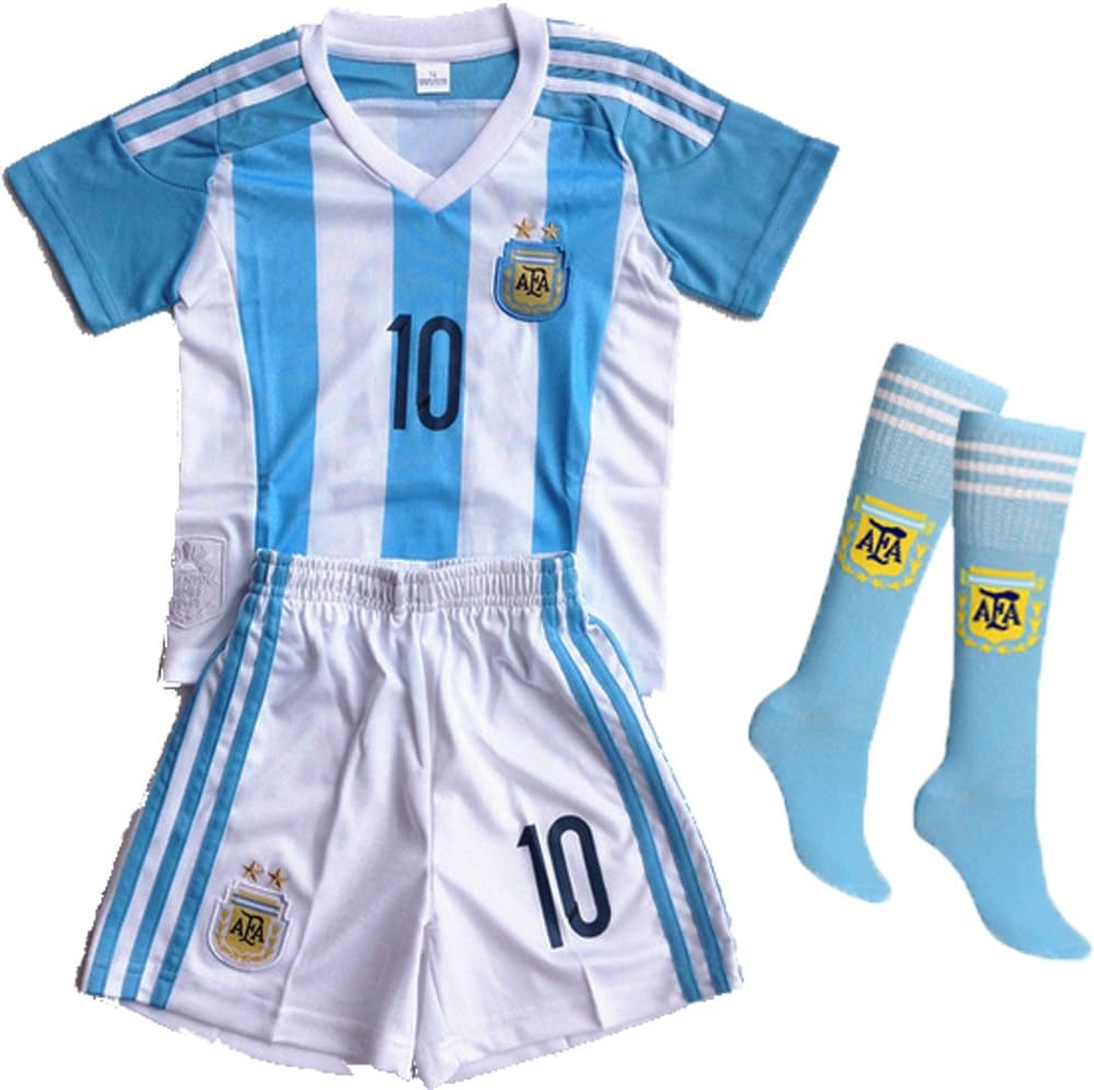Wild Bunch New Argentina Home Messi #10 Soccer Football Jersey Sportswear Team Polo Shirt & Short & Sock for 3-14 Years Kids (13-14 YEARS)