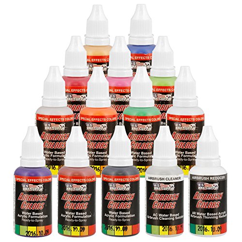 US Art Supply 12 Color Pearlized Acrylic Airbrush Paint Set; Pearl Colors plus Reducer & Cleaner 1 oz. Bottles