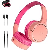 Belkin SoundForm Mini w/Case - Wireless Bluetooth Kids Headphones with 30H Battery Life, 85dB Safe Volume Limit, Built-in Microphone - Kids On-Ear Earphones for iPhone, iPad, & More - Pink