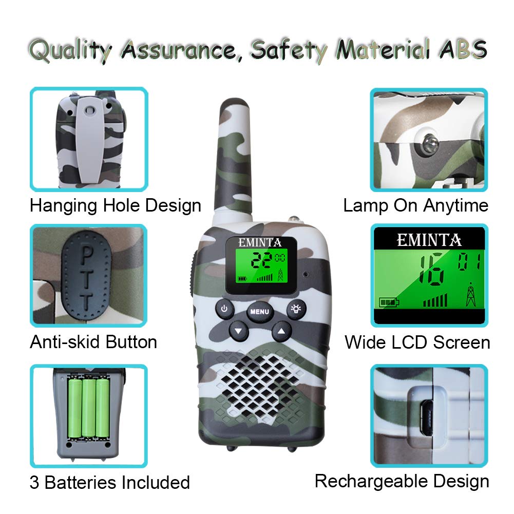 EMINTA Rechargeable Kids Walkie Talkies, 5 Miles Long Range 22 Channels 2 Way Radios with Flashlight LCD Screen VOX, 2020 Best Toys for Boys Girls Outdoor Adventure (Camo Gift Box)