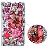 Spritech(TM) For Samsung Galaxy Note 3,PU Leather Wallet Phone Case 3D Handmade Bling Pink Crystal Design Flower Butterfly Decorated Sim Folding Protected Smartphone Cover with Card Slots