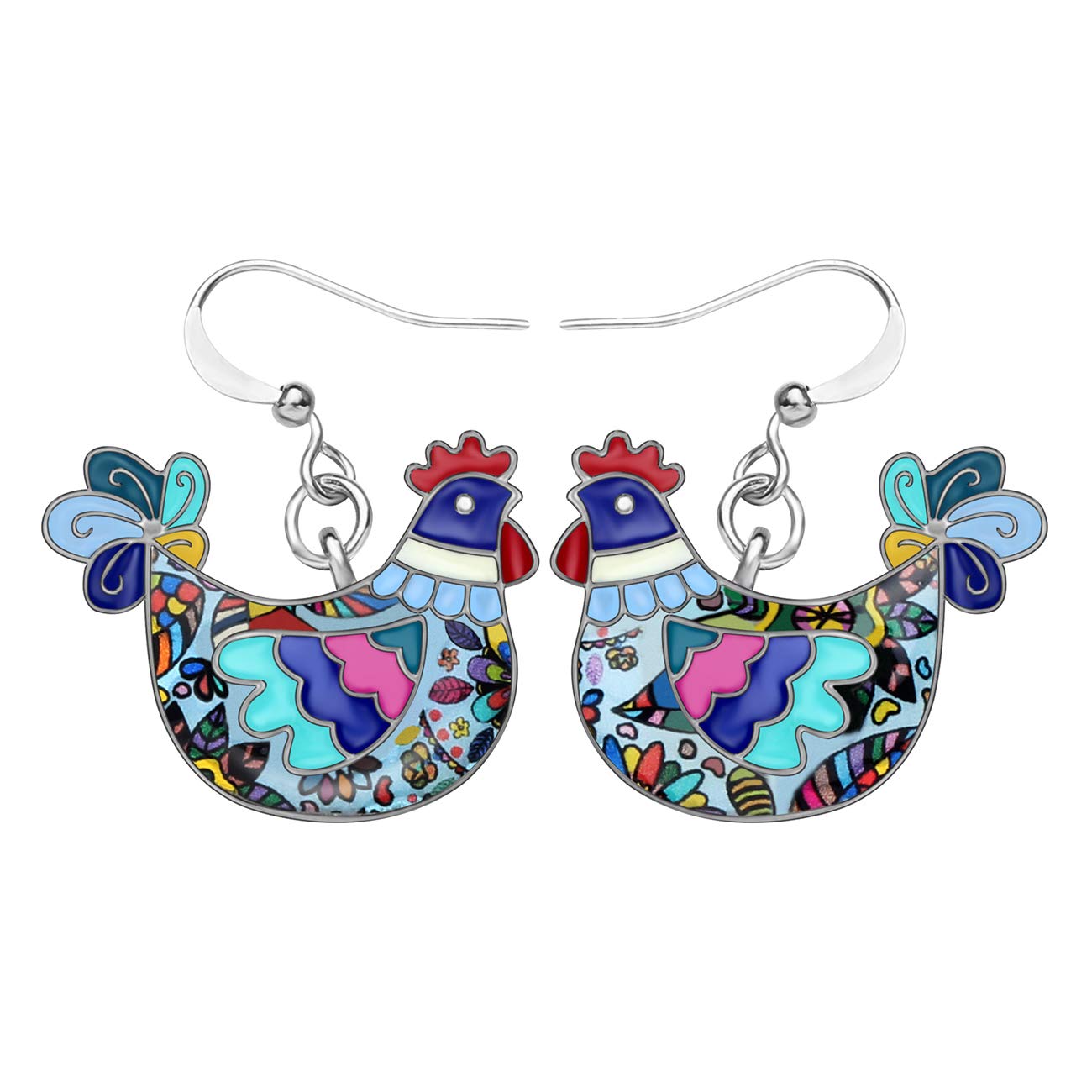Enamel Alloy Cartoon Hen Chicken Earrings Drop Dangle Cute Farm Jewelry For Women Girls Charm Gift (Blue)