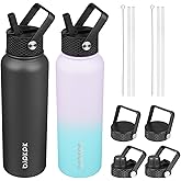 BJPKPK 2 Pack Insulated Water Bottles with Straw Lids, 40oz Stainless Steel Metal Water Bottle with 6 Lids, Leak Proof BPA Free Jugs, Cups, Flasks for Travel, Sports (Lavender Green+Black)