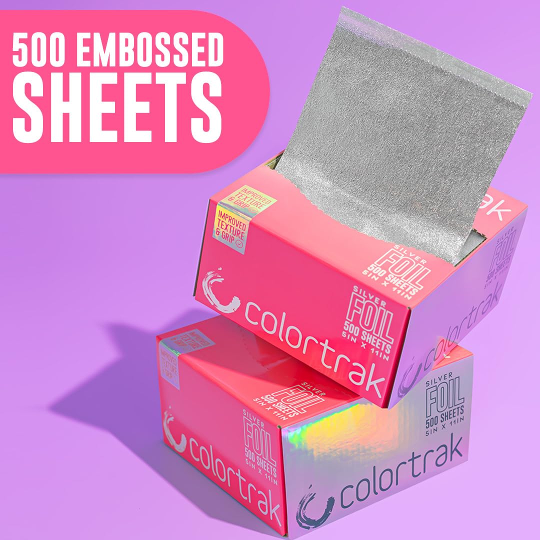 Colortrak Embossed Sheets Silver Aluminum Foil Pop-up Dispenser, 500 Pre-cut Sheets Non-slip Textured, for Hair Foil Coloring and Highlighting Applications Silver, 5 x 11