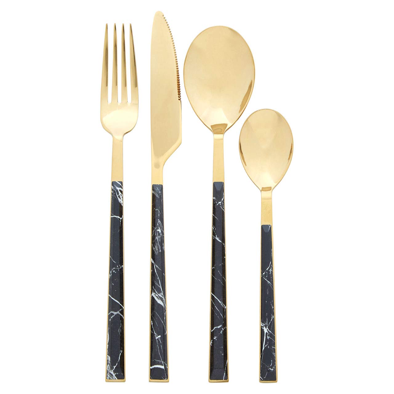 Avie Cutlery Set, Stainless Steel/Gold Finish, Black Faux Marble, 16 Piece