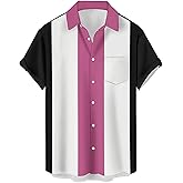QIVICIMA Men's Retro Bowling Shirts 50s Vintage Button Down Color Block Active Shirts Flamingo Print