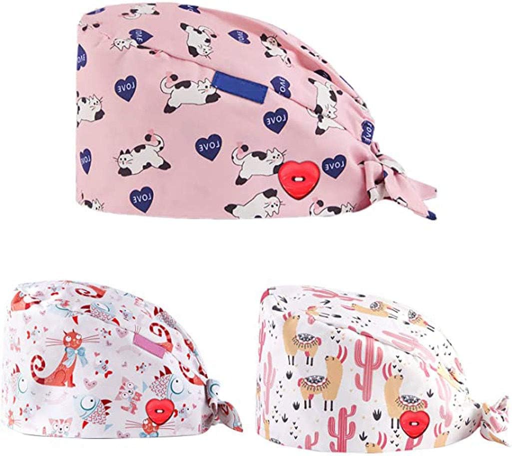 HDGTSA Scrub Cap Surgical Scrub Hat with Button and Cotton Sweatband Bouffant Hat for Women Men(H,3pcs)