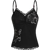 Verdusa Women's Y2K Goth Lace V Neck Camisole Tops Ruched Spaghetti Strap Night Out Tops