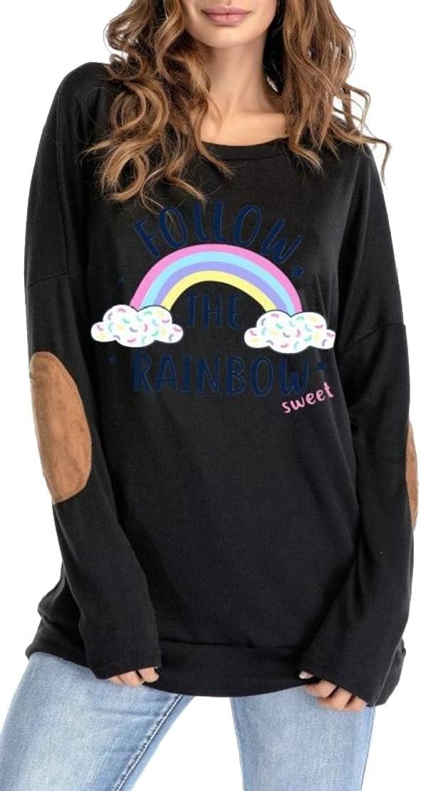 Wofupowga Women Crewneck Elbow Patch Printed Stretch Letter Drop Shoulder Sleeve Top Blouse T-Shirts