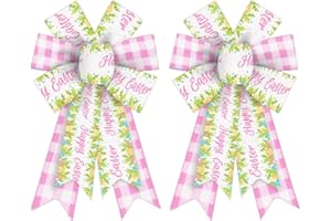 ABTOLS 2PCS Easter Wreath Bows, Spring Easter Buffalo Plaid for Wreath Easter Flower Wreath Bows Pink Easter Bows for Front Door Spring Easter Tree Bows for Indoor Outdoor Decor