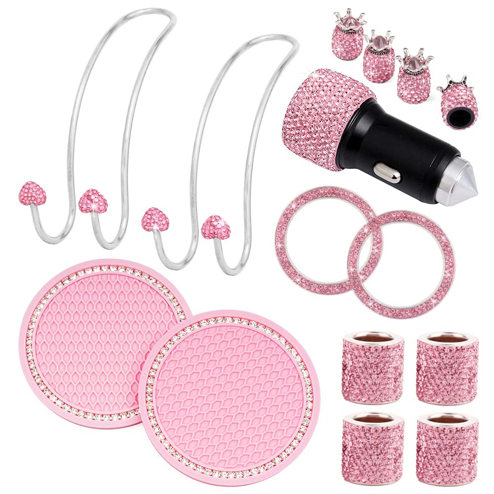 BUDDE 15 Pack Pink Car Accessories Set for Women - Bling Head Rest Rings, Adapter Charger, Hangers, Cup Coaster, Tire Valve Covers, Ignition Ring