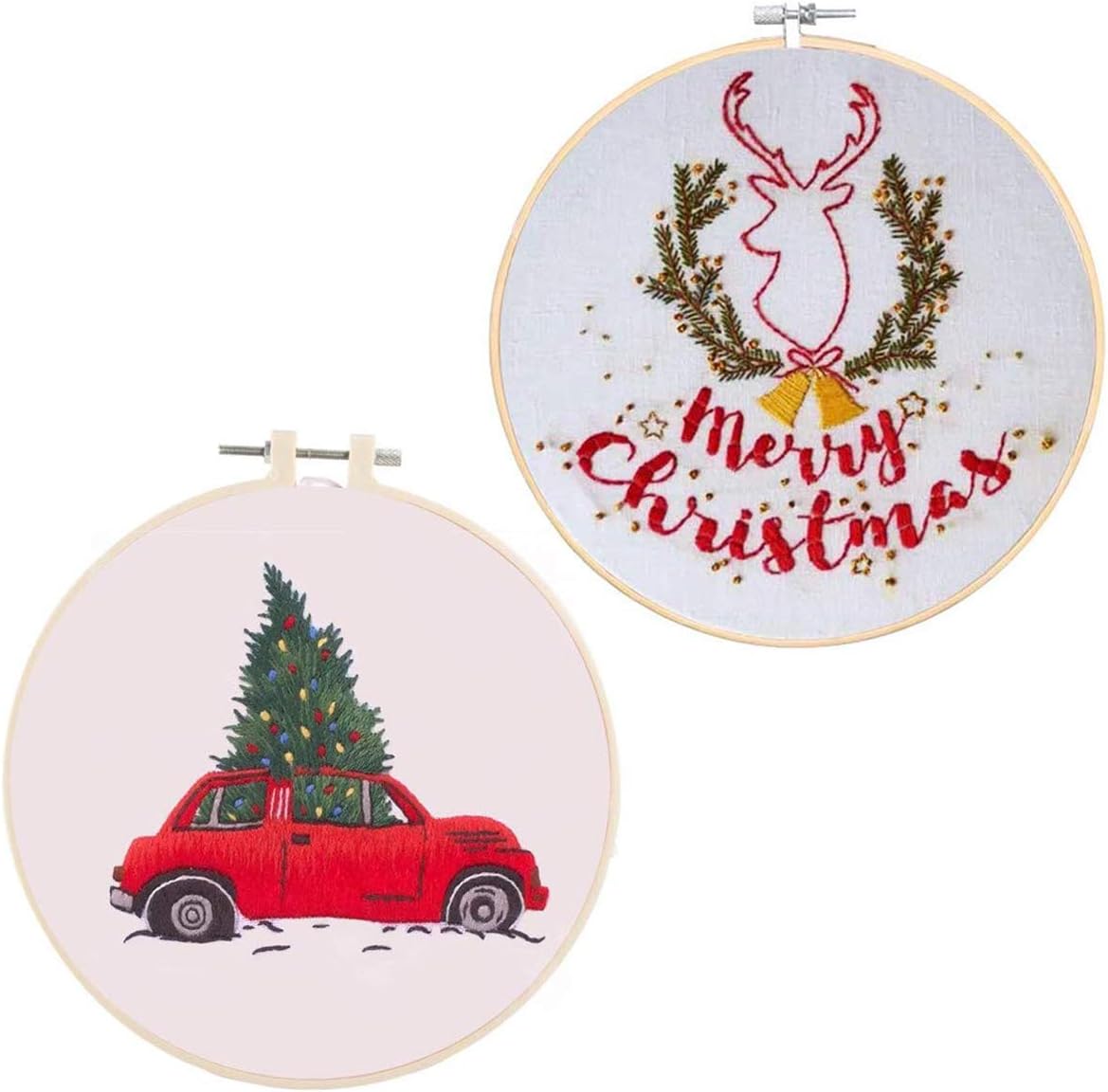 Onene 2 Sets Christmas Embroidery Cross Stitch Starter Kit with 2pcs Christmas Pattern Embroidery Cloth Bamboo Embroidery Hoop