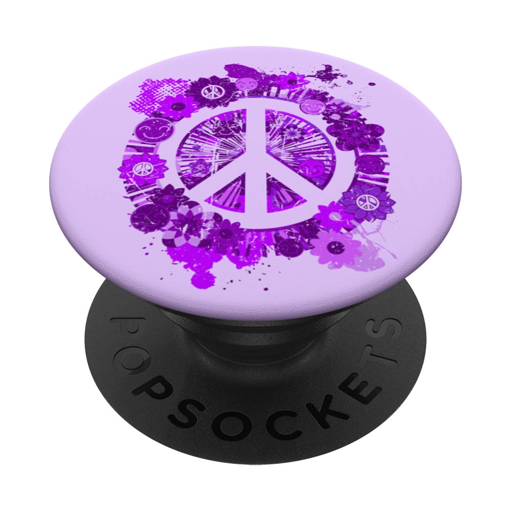 Purple Peace Sign 60s 70s Hippie Floral Happy Peace Symbol PopSockets Swappable PopGrip