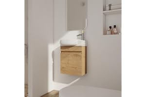 LKTART 16'' Floating Wall Mounted Bathroom Vanity with Round Single Oval Ceramic Sink Soft Close Doors for Small Bathroom Vanity (Oak)