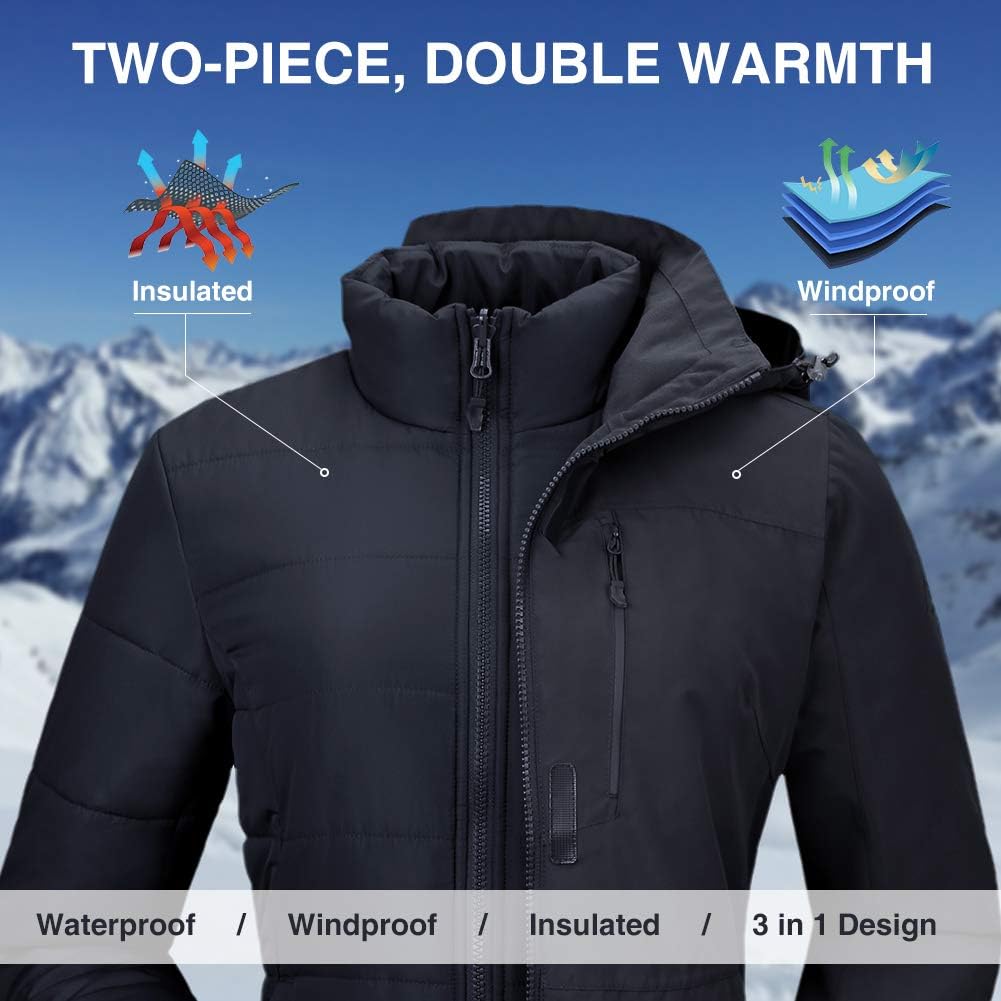 CAMEL CROWN Women's 3-in-1 Waterproof Ski Snow Jacket Hooded Winter Coat with Puffer Liner: Clothing