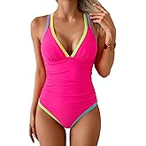B2prity Women's One Piece Swimsuit Tummy Control Slimming Bathing Suit V Neck Neon Color Block Tie Back Swimwear
