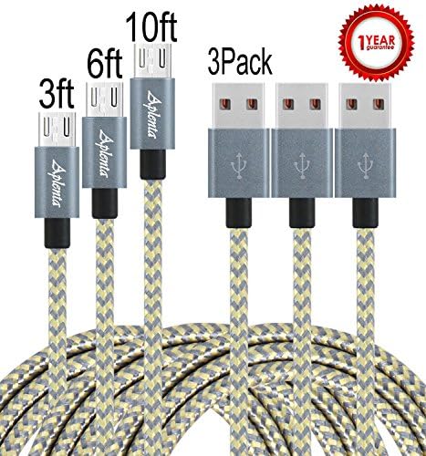 Aplenta 3-Pack 3ft 6ft 10ft Premium Micro USB Cable High Speed USB 2.0 Sync and Charging Cables for Samsung, HTC, Motorola, Nokia, Android, and More(Gold+Gray)