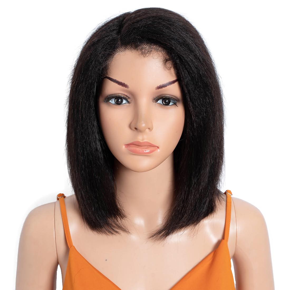 N BLE STAR 12 Inch Yaki Straight Glueless Wigs 5'' Lace Human Hair Pre-Cut/Plucked Undetectable HD Lace Wig Ready to Go Lace Bob Wig Kinky Straight 150 Density Natural Black Color