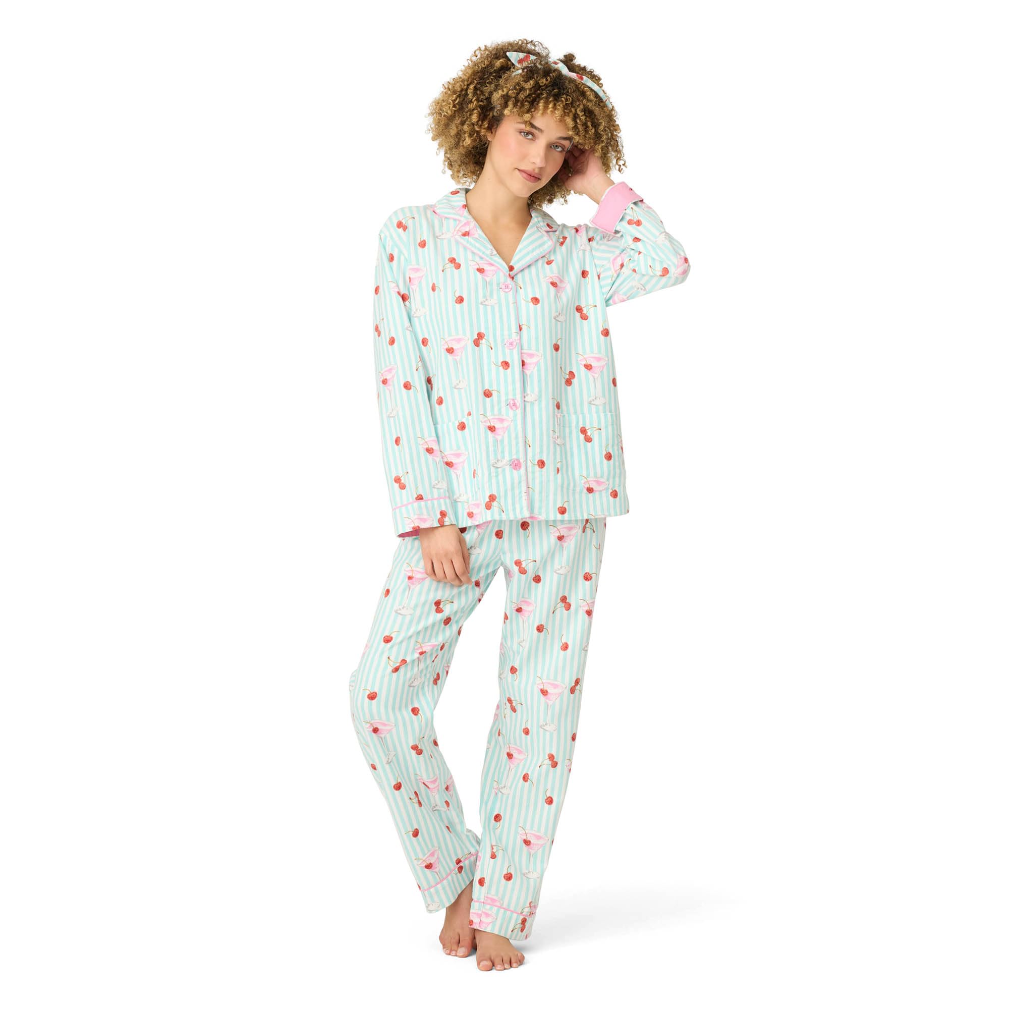 P.J. Salvage Women’s Cotton Flannel Long-Sleeve Top, Pant and Headband 3-Piece Pajama Set, Light Mint, X-Small