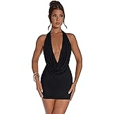 Women Sexy Sparkly Dots Prom Dress Halter Deep V Neck Ruched Backless Bodycon Mini Dress