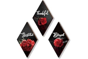 ONIZHITY 3 Pcs Rose Wooden Wall Decor - Thankful Grateful Blessed Signs in Red and Black (12 x 7 Inch) for Kitchen, Bathroom