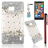 Ancerson White Elegant Flowers Golden Eye-catching Diamond Blossom New Stylish Luxury 3D DIY Glitter Crystal Rhinestones Protective Hard Back Case Cover Free with a Red Stylus Touchscreen Pen, a 3.5mm Universal Crystal Diamond Rhinestones Bling Lovely Silvery Flower Blue Panda Pendant Dust Plug and a Cleaning Cloth(Transparent Clear Case) (Nokia Lumia 930)