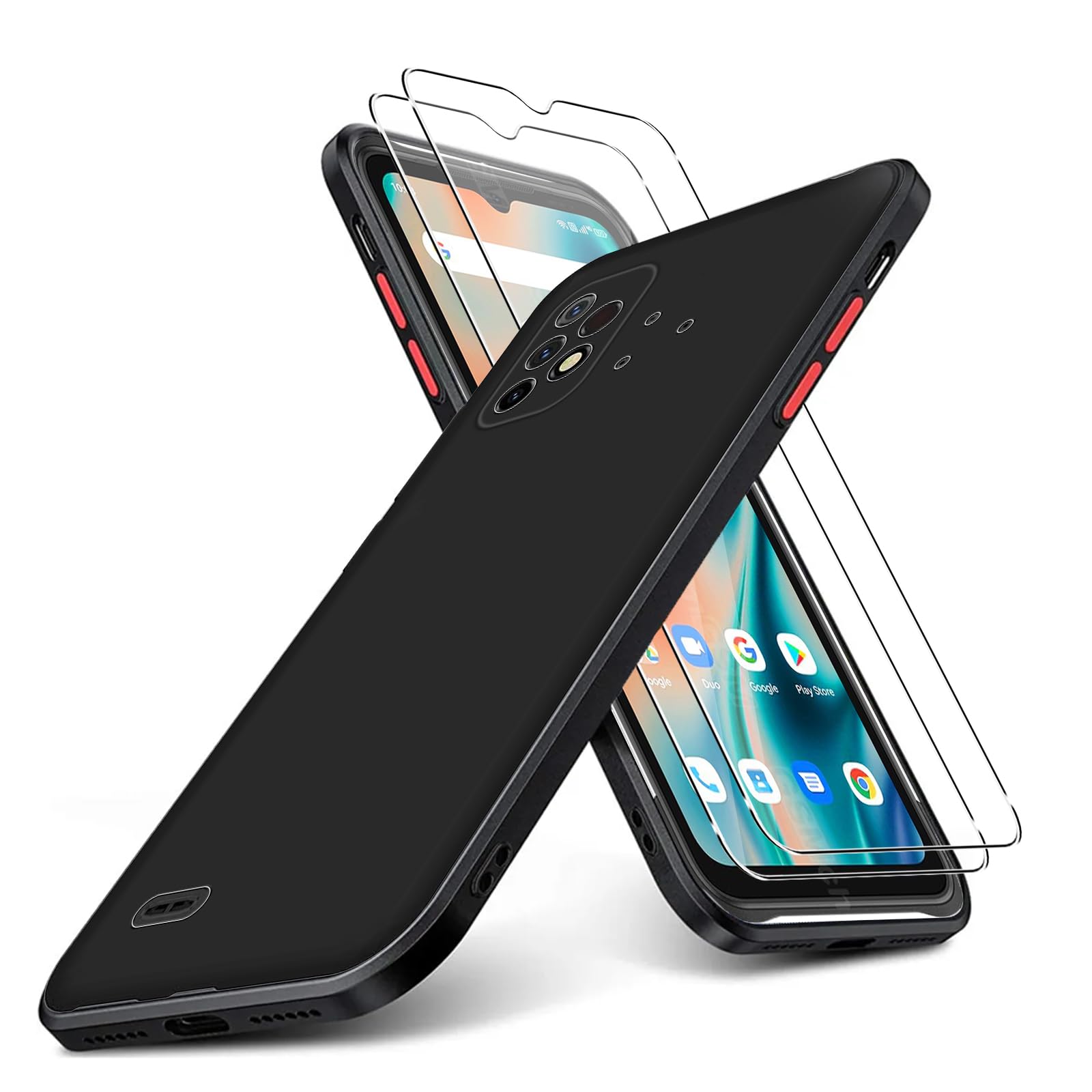 KUSINHOKA Case Compatible with UMIDIGI Bison X10 PRO/Bison X10 + 2 Pack Screen Protector Tempered Glass,Anti Scratch,Drop Protection,Non Slip Soft TPU Thin Full Body Protective Phone Cover,Black
