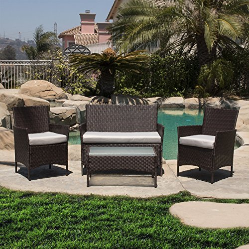 Belleze 4 PCS Cushioned Outdoor Wicker Patio Set Garden Lawn Rattan Sofa Furniture, Brown Belleze 4 PCS Cushioned Outdoor Wicker Patio Set Garden Lawn Rattan Sofa Furniture, Brown