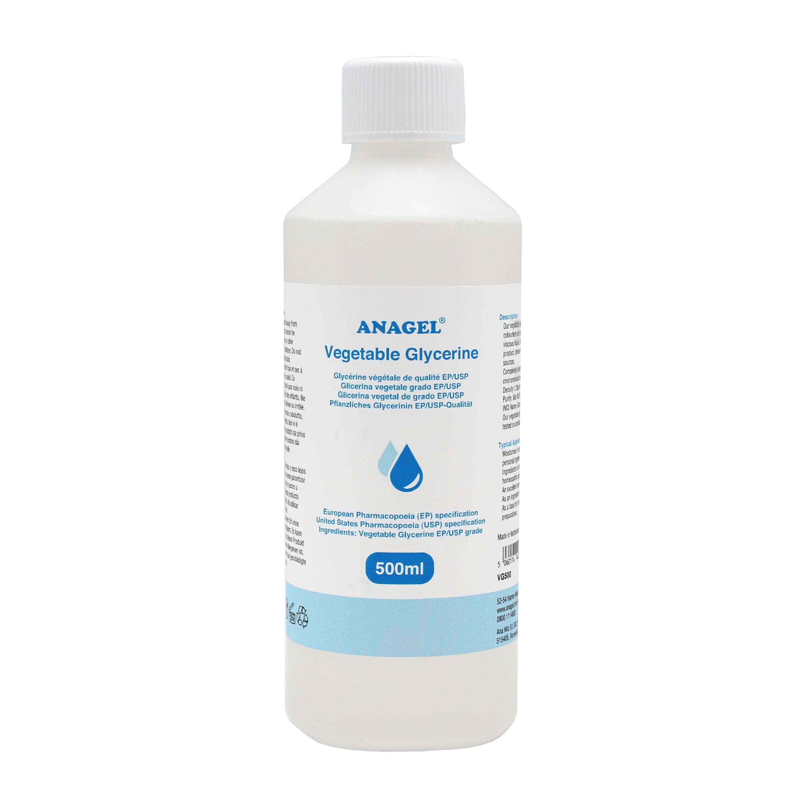 ANAGEL Vegetable Glycerine | EP/USP Grade, NON-GMO, Colourless and Odourless | 500ml