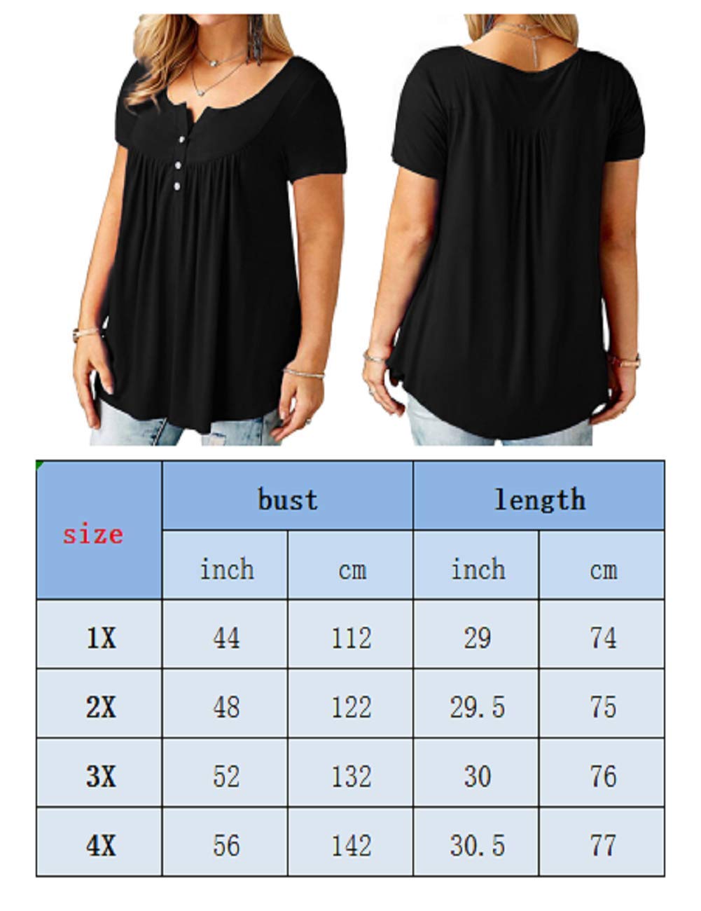 DIOLOCA Women's Tops Plus Size Short Sleeve Summer Tunics Button Up Swing Henley Ruffle Shirts Black 3X