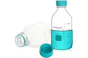 LABINVO Glass Round Media Bottles, 2PCS of Vol.1000ml Borosilicate Glass Reagent Storage Bottle with GL45 Screw Cap, IN-RB1000B