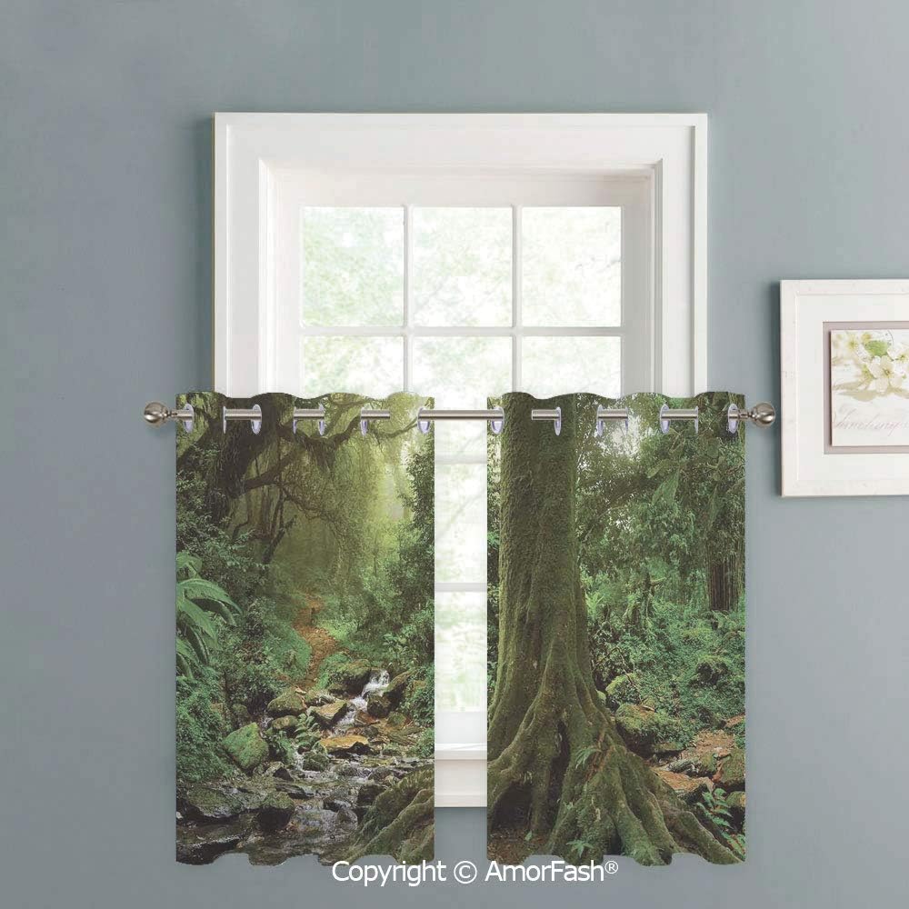 Kitchen Curtains,Modern Geometric Design Print, Window Drapes for Kitchen Cafe,W42 x L18-Inch,Apartment Decor Rain Forest Scene with River in North Forest in Early Morning Humid Fog Print