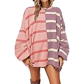Fisoew Womens Striped Pullover Sweater Crew Neck Long Sleeve Knitted Color Block Casual Loose Lightweight Sweaters for Women